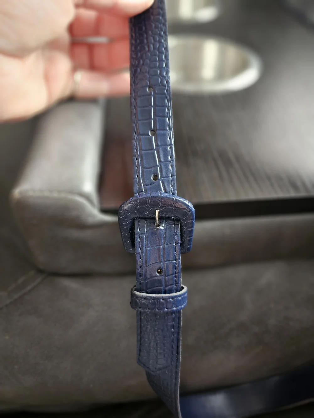 Vintage 80s Navy Blue Faux Croc Skinny Belt | Embossed Leather Look | Size 13